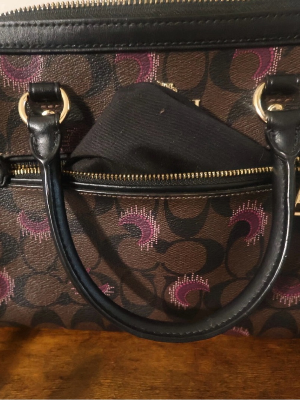 COACH Rowen Brown Signature Satchel with moon prints and Black Trim - Picture 13 of 14